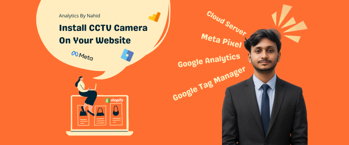 Promotional banner showing web analytics services, CCTV camera install text, tracking tools icons, and a Nahid in a suit.